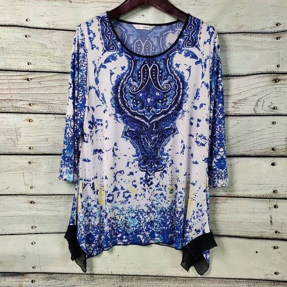 Peter Nygard Women's Tunic Top Size L Blue Abstract Boho Print Hi-Low Hem 3/4 Sl - Picture 1 of 6
